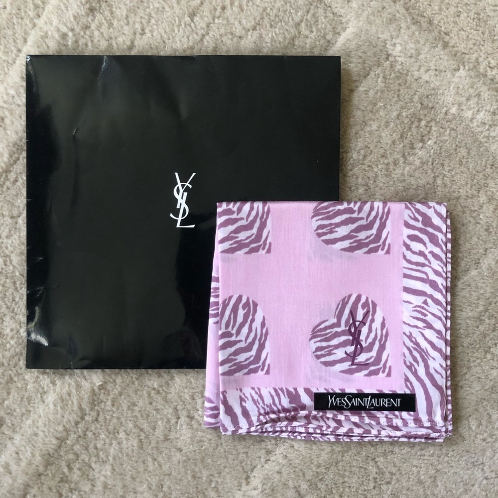 New Yves Saint Laurent Bandana Handkerchief Scarf YSL Zebra Hearts Pink Set